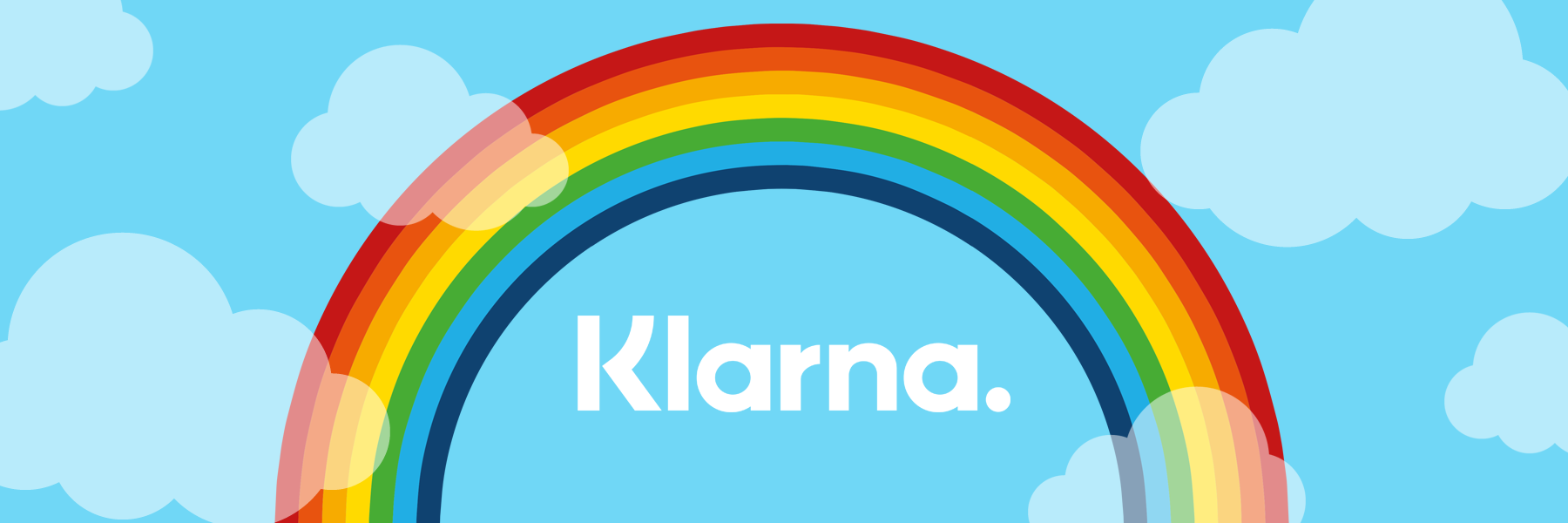 Blue sky with a rainbow and clouds. The Klarna logo sits in the center.