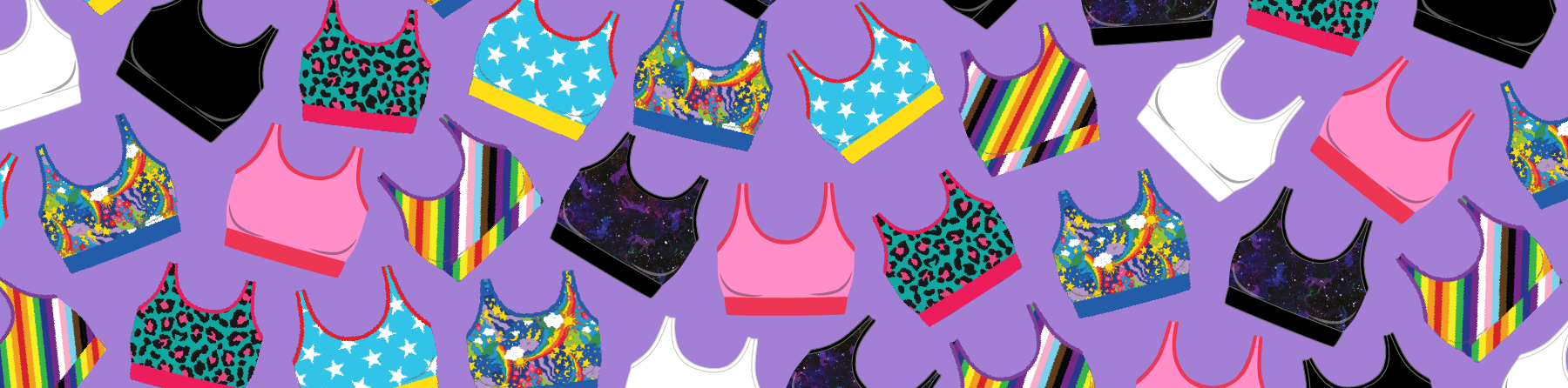 Lots of illustrated racerback bralettes on a purple background