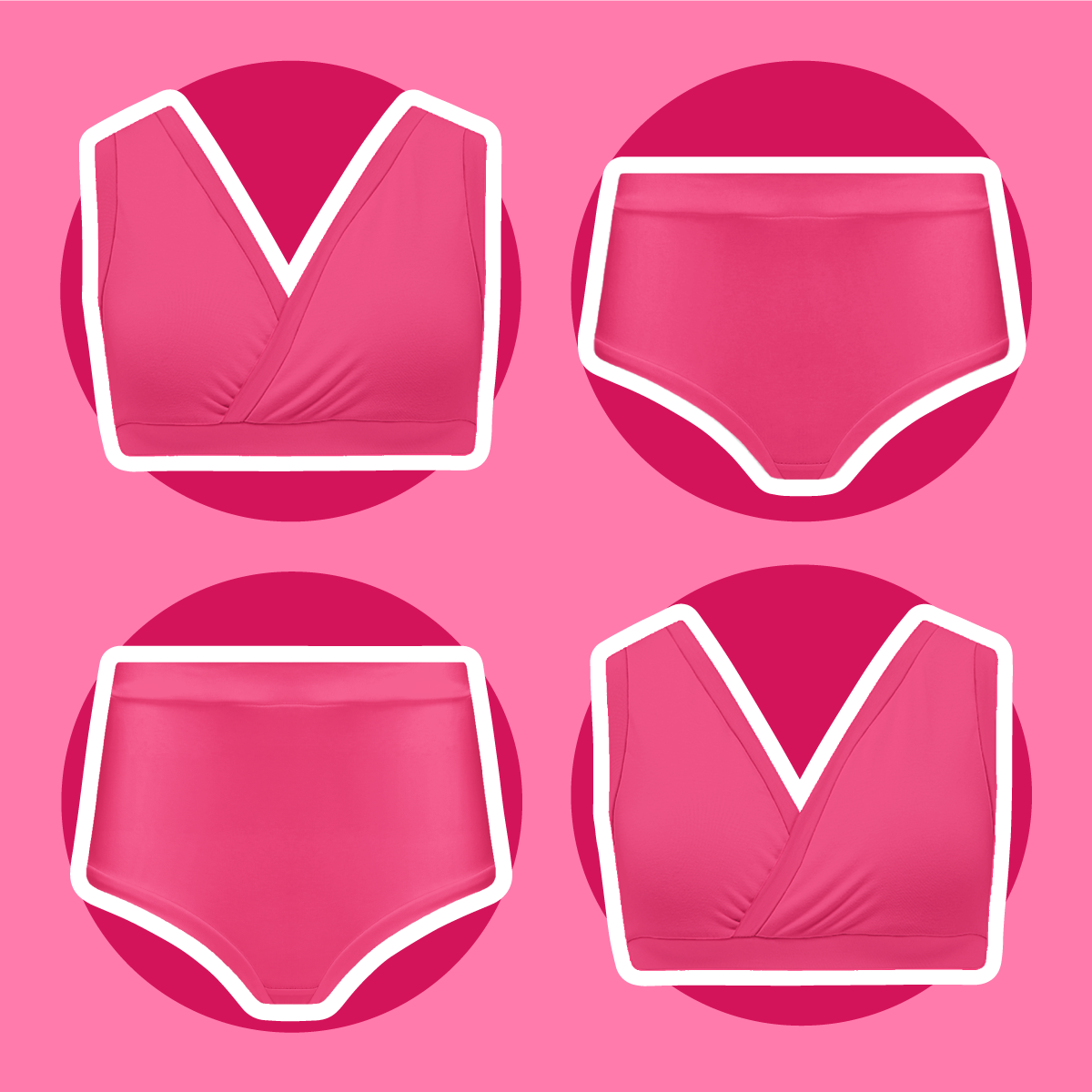 Scattered deep pink bras and briefs.