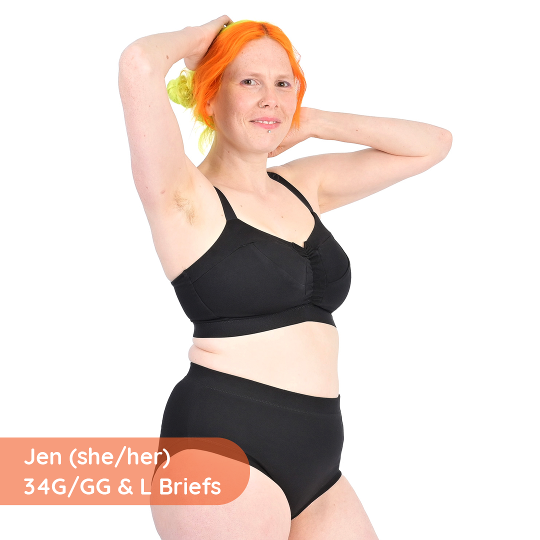 Jen is wearing a black underwear set with high rise briefs and non-wired bra