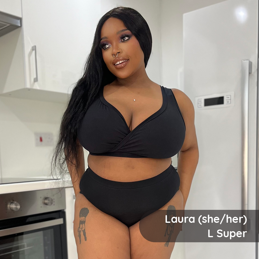 Laura is wearing a wire free underwear set in black cotton