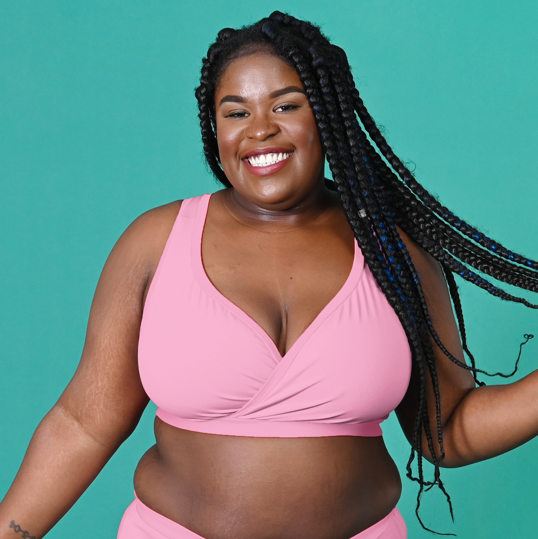 Kayla is wearing a pale pastel pink non-wired fuller bust bra