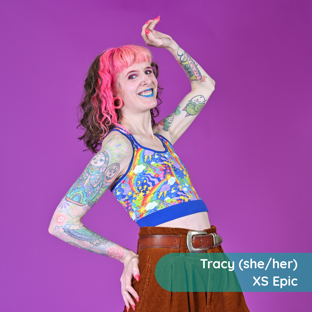 Tracy is wearing a retro rainbows bright crop top