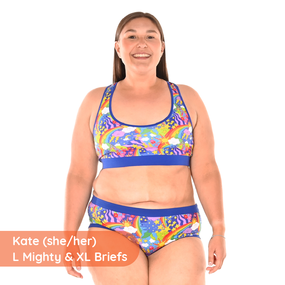 Kate is wearing a brightly coloured sports bra and briefs