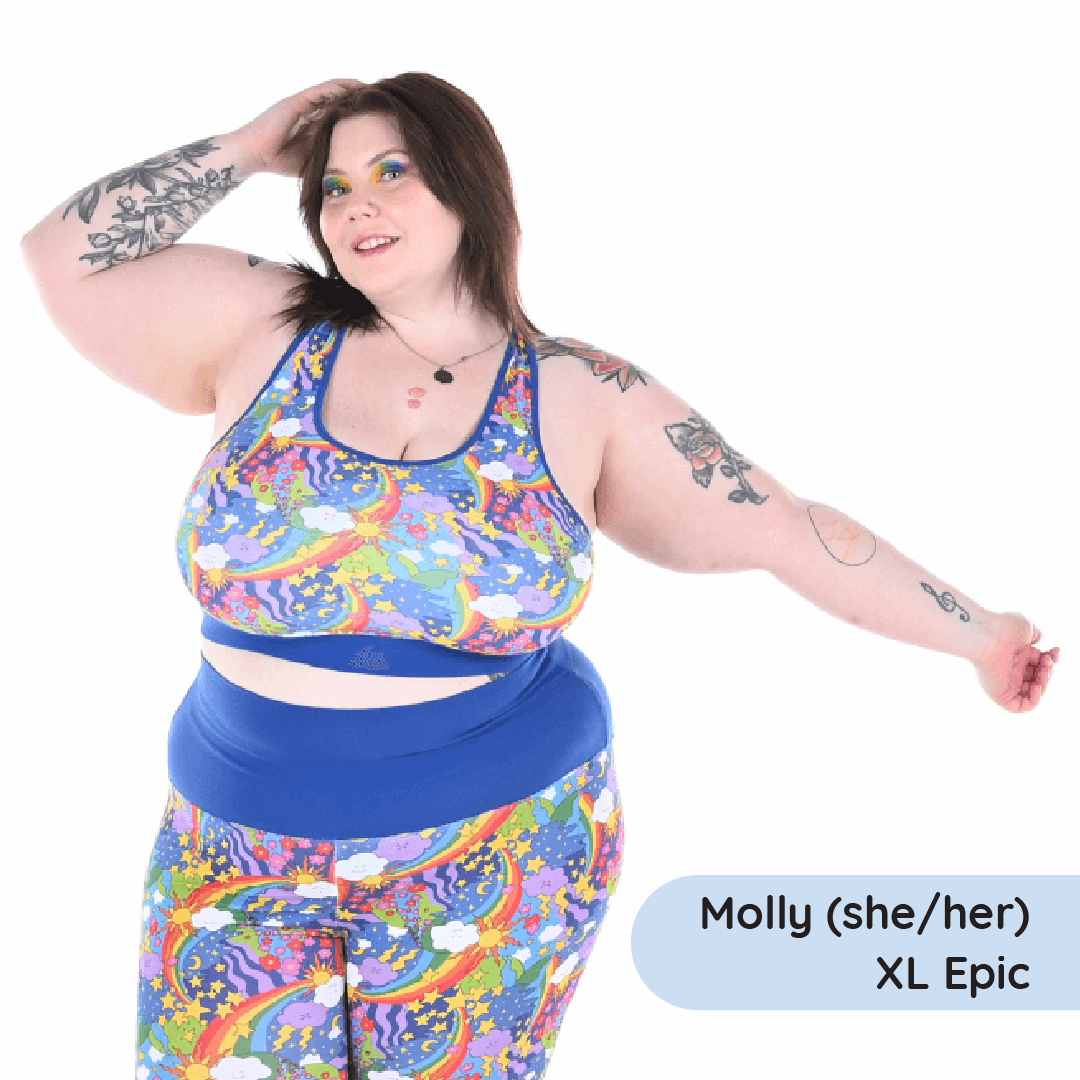 Molly is wearing a Retro Rainbow fuller bust bralette and leggings