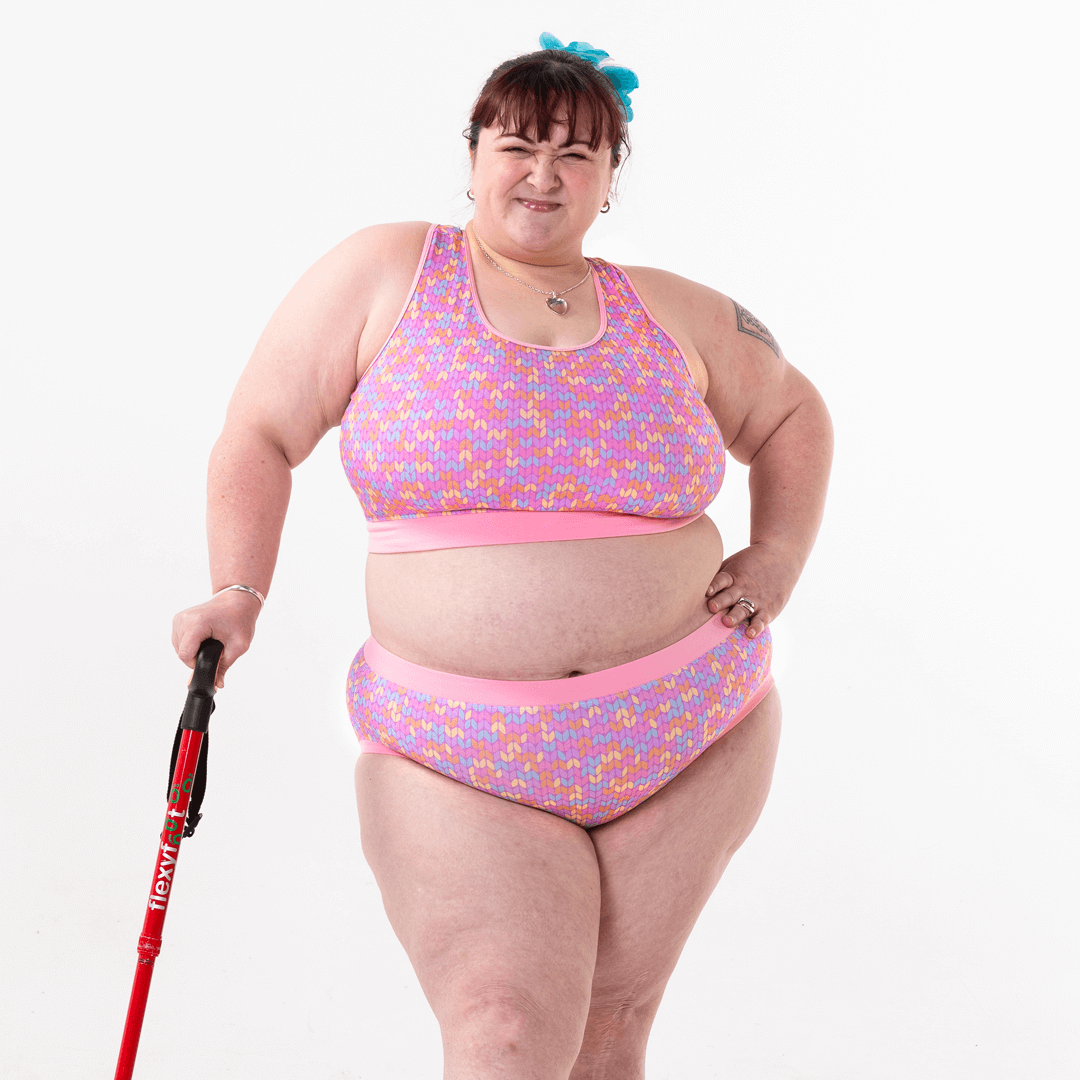 Rhona is wearing a fuller bust candy knit bralette and briefs