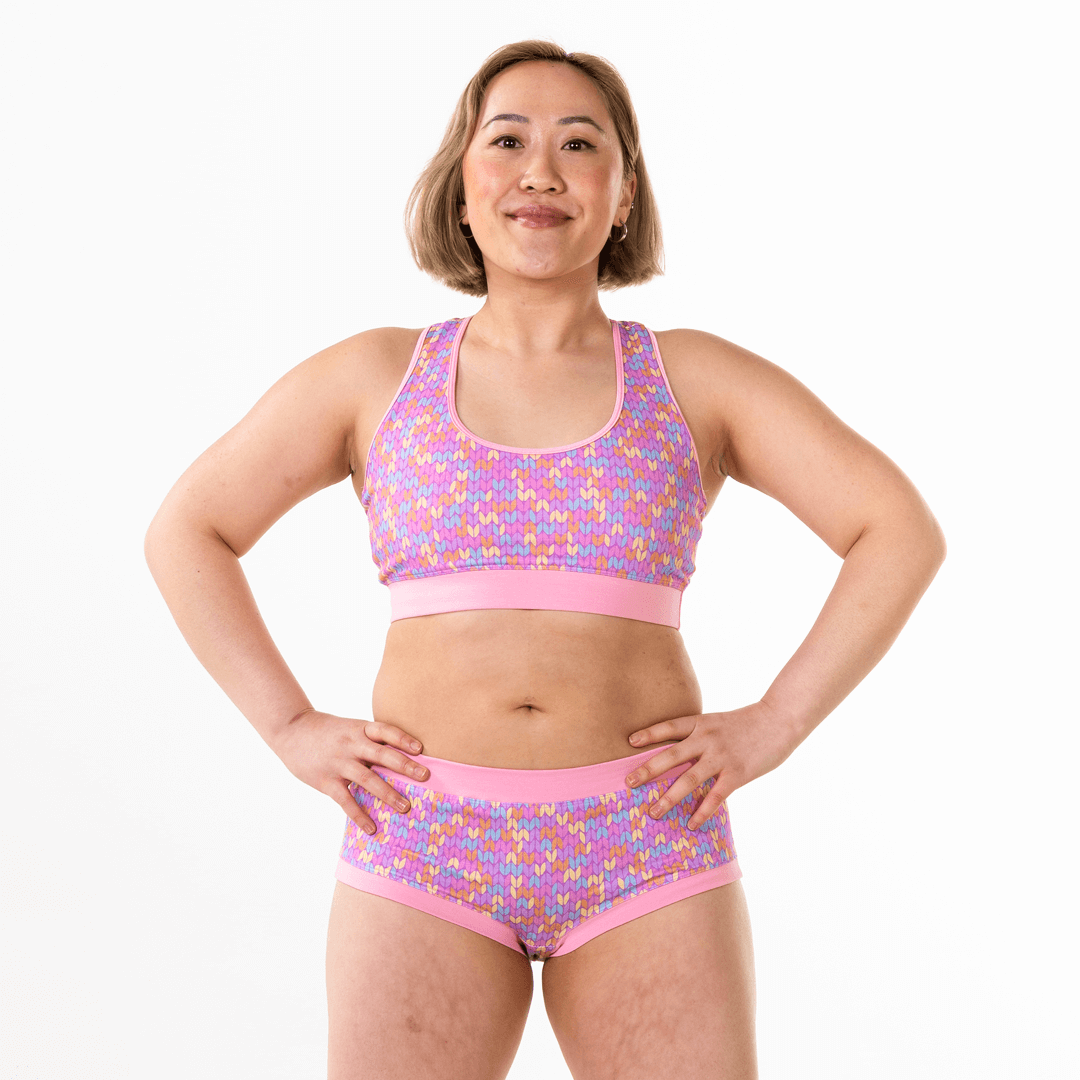 Jacqueline is wearing a Candy Knit bralette and briefs