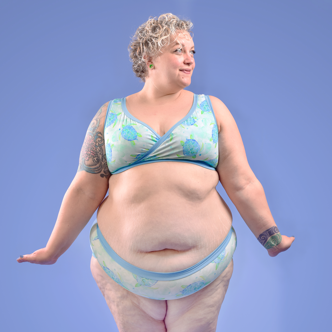 Claire is wearing a Turtles cotton bra and bid rise briefs