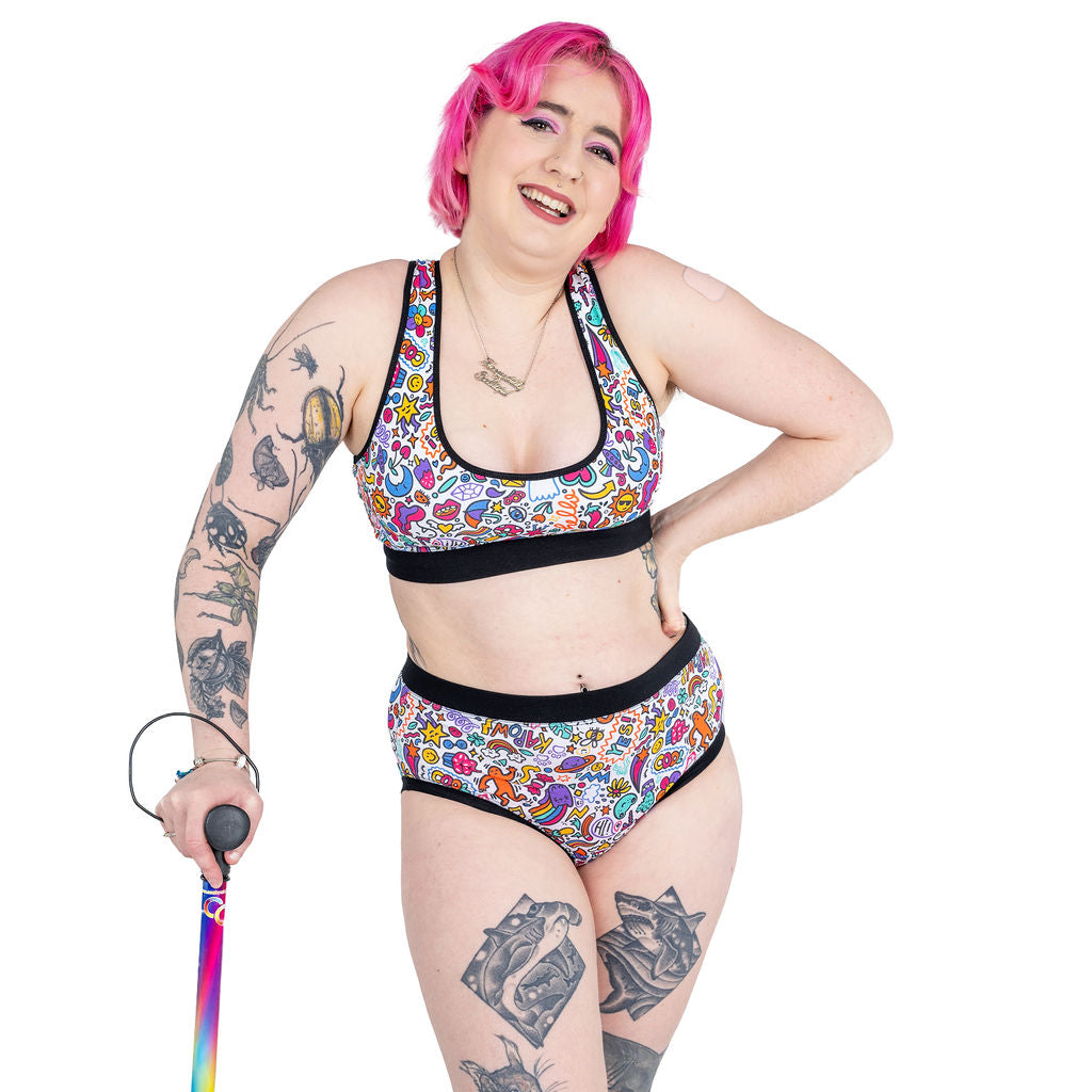 Eliza is wearing a Doodles racerback bralette and high rise briefs