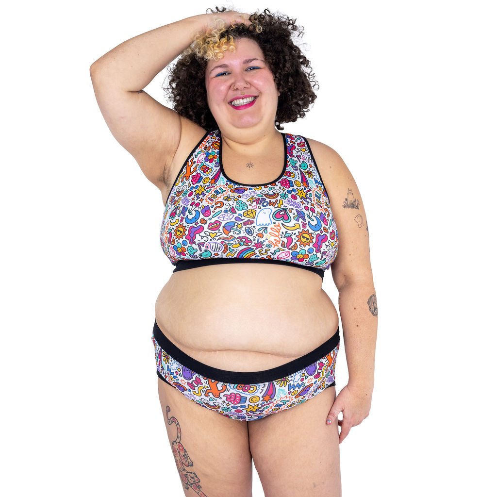 Sofaya is wearing a Doodles fuller bust bralette and mid rise cotton briefs