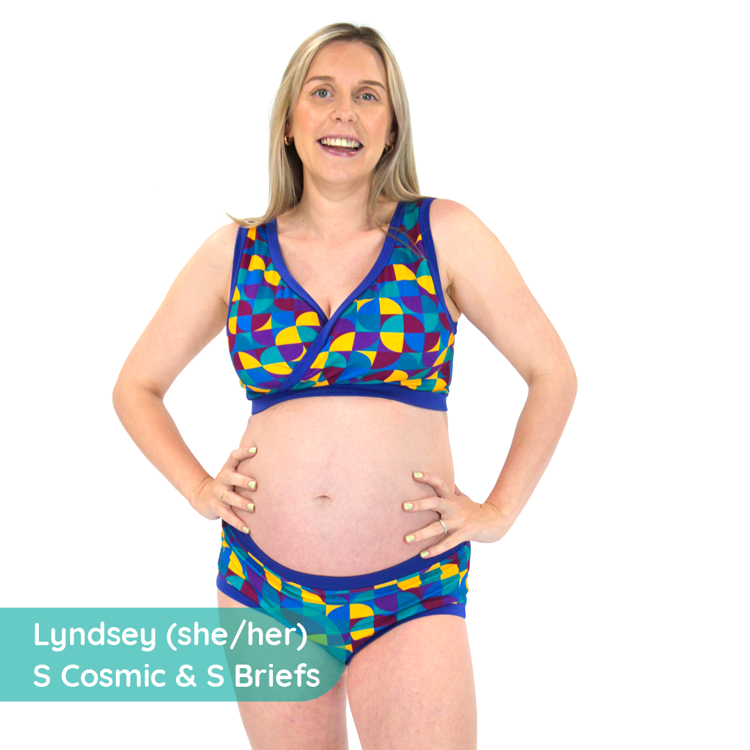 Lyndsey is wearing an Original cross over bra and briefs in a geometric design