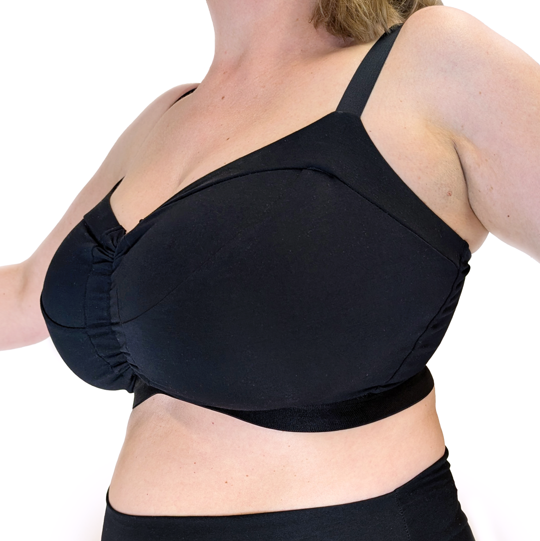 Cropped image of model wearing black non-wired bra