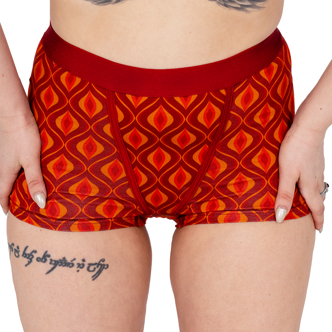 Ola is wearing retro style boxer briefs in groovy design