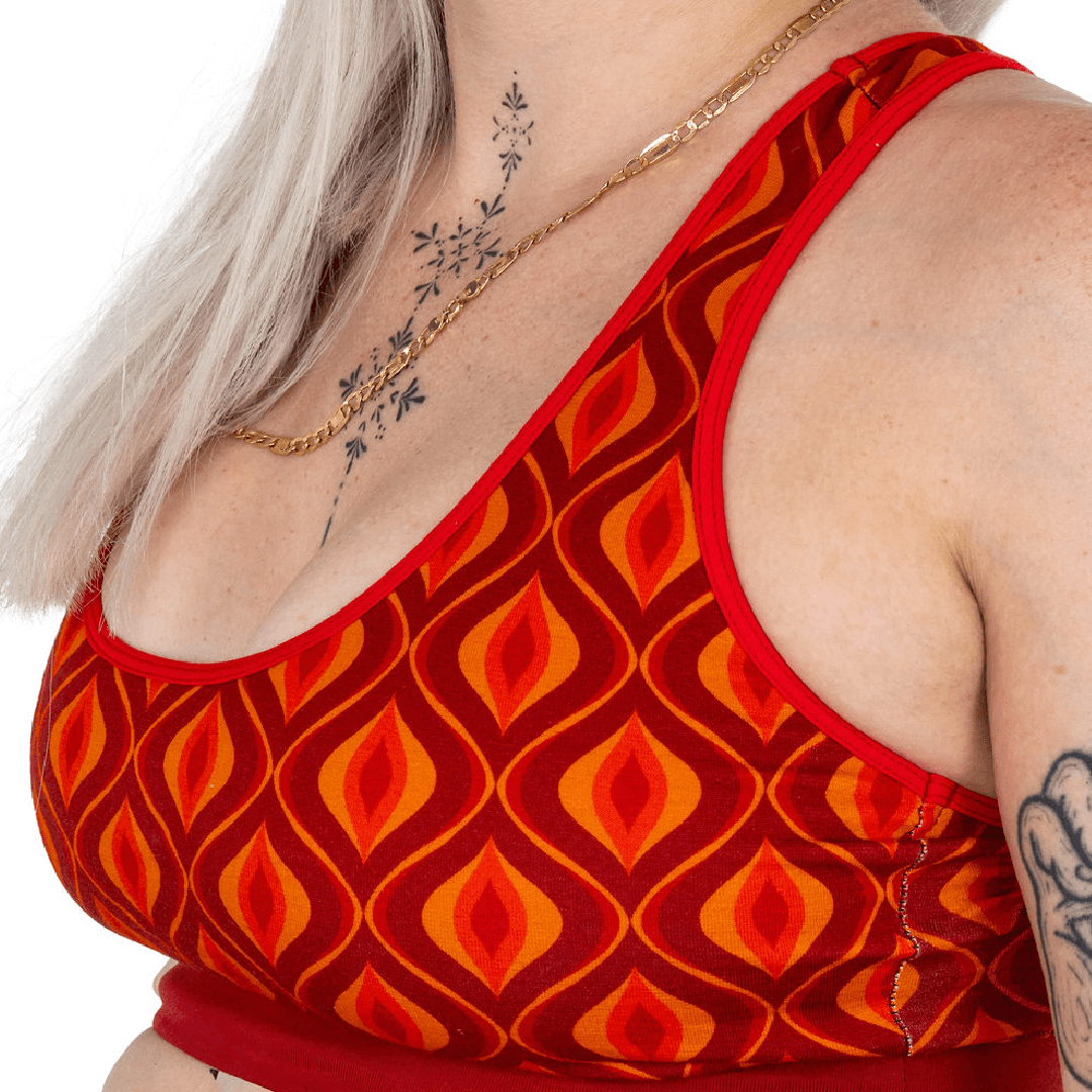 Close up of retro Groovy print in racerback bralette