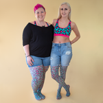 Kirsty and Steph are wearing hot leopard tights, denim shorts and bralettes