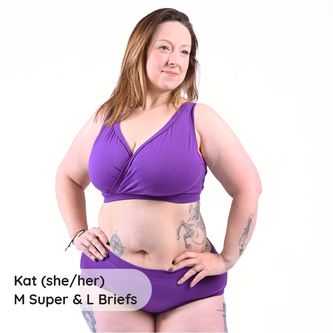 Kat is wearing a Purple non wired bra and cotton briefs