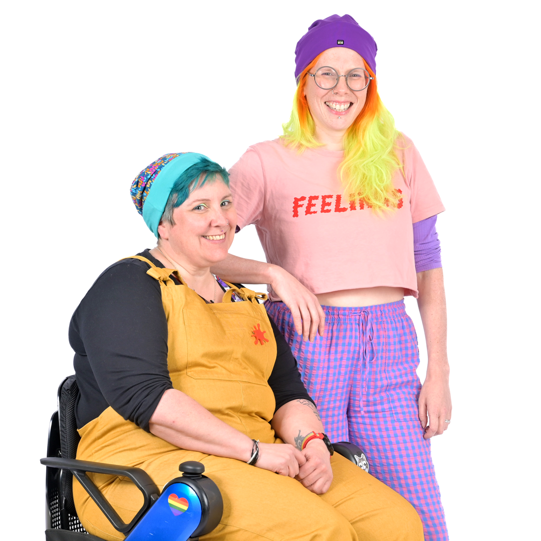 Kirsty and Jen wearing cotton colourful beanies