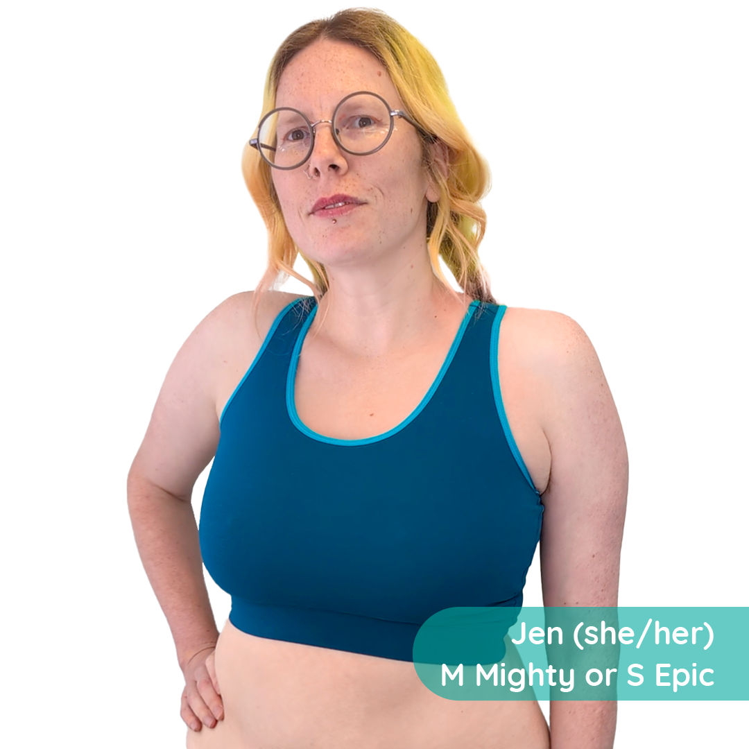 Jen is wearing a Petrol Blue bralette in the Epic style with more chest coverage.