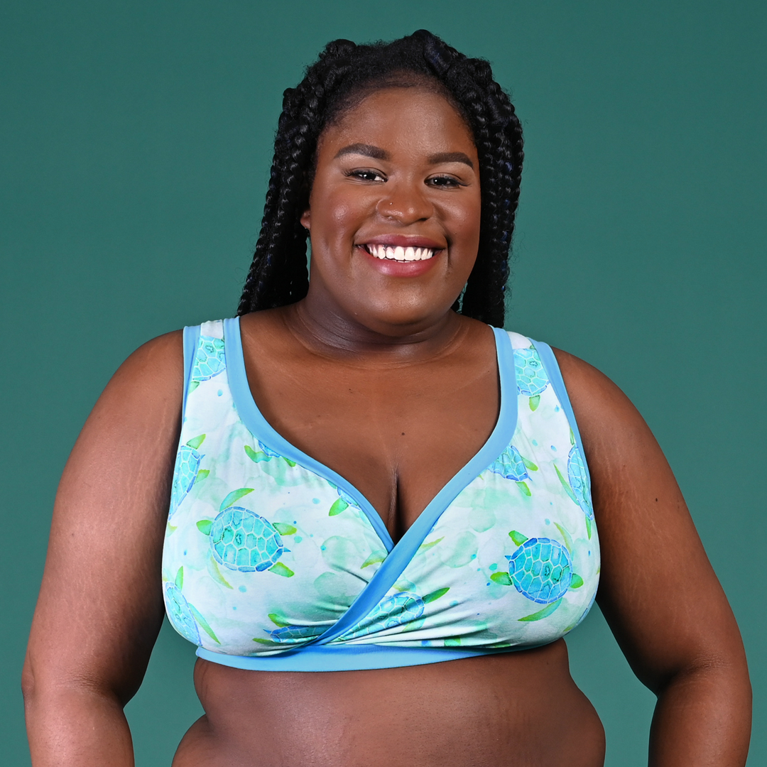 Kayla wears a comfortable non wired bra with a Turtles design