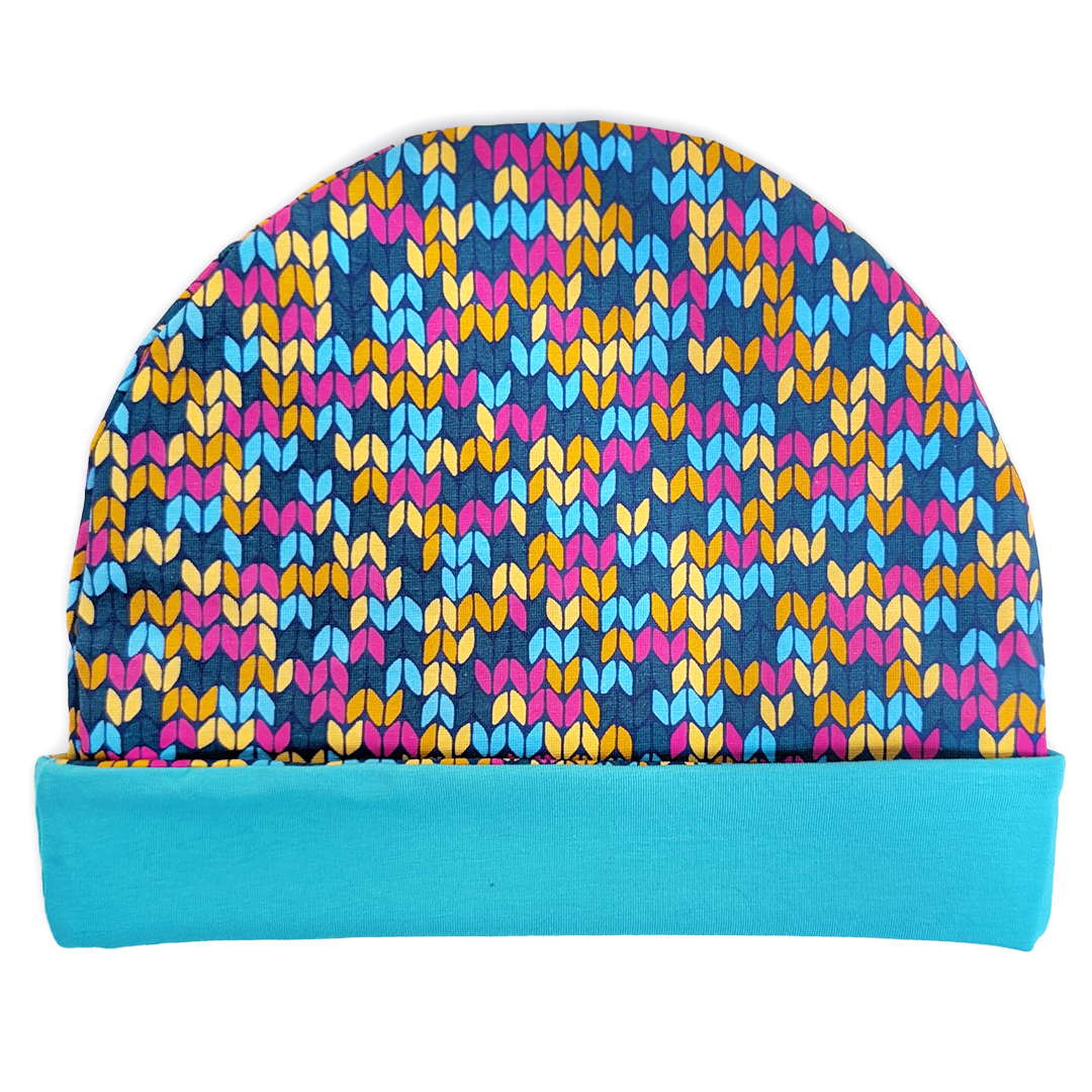 Knit design cotton reversible beanie hat with bottom teal band turned up
