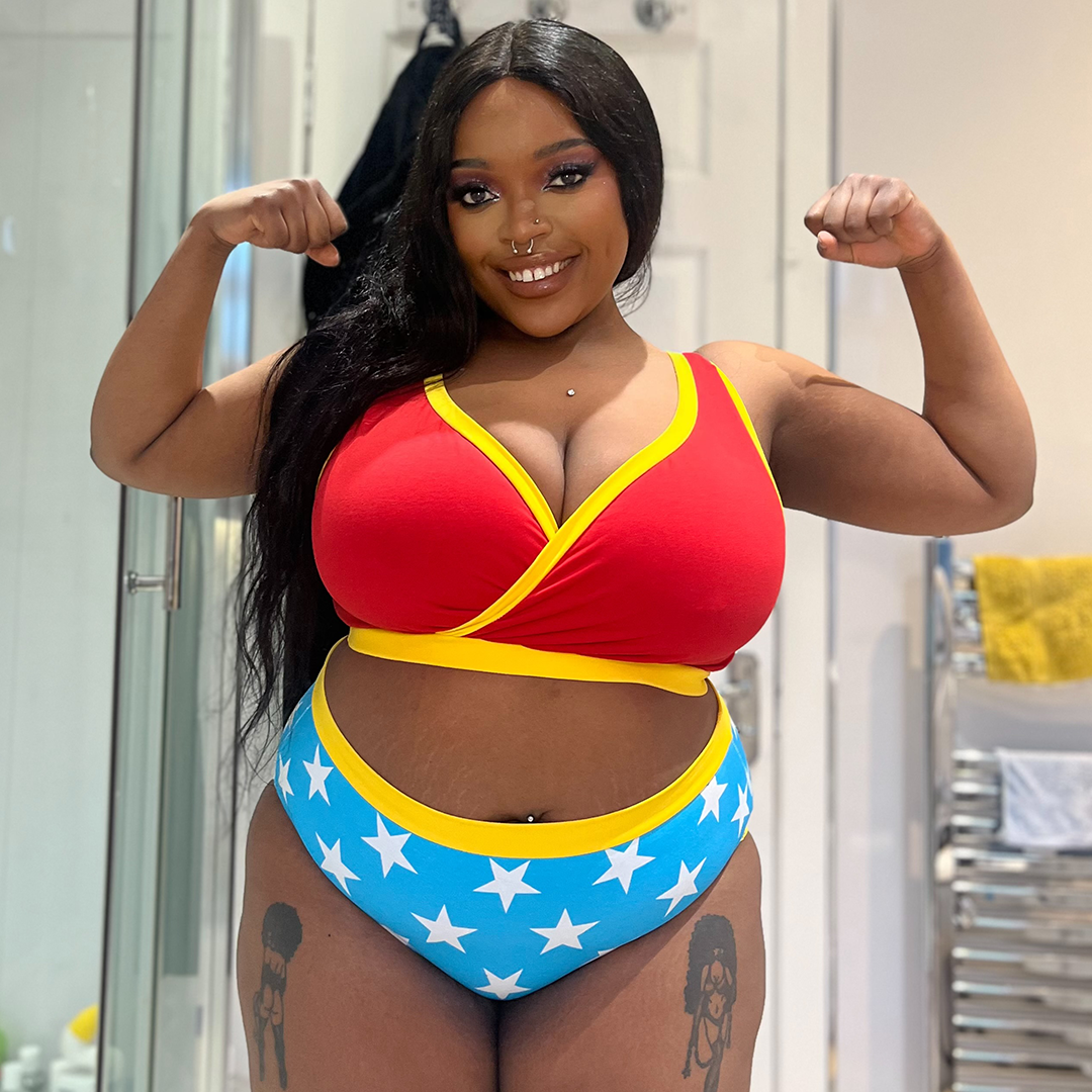 Laura is wearing a Power wonderwoman underwear set