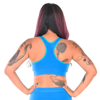 Back view of a racerback bralette and high rise briefs in aqua/teal/lagoon
