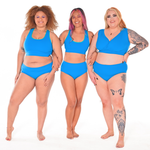 Tumi, Sarah and Bex are all wearing aqua blue bras, bralettes and briefs