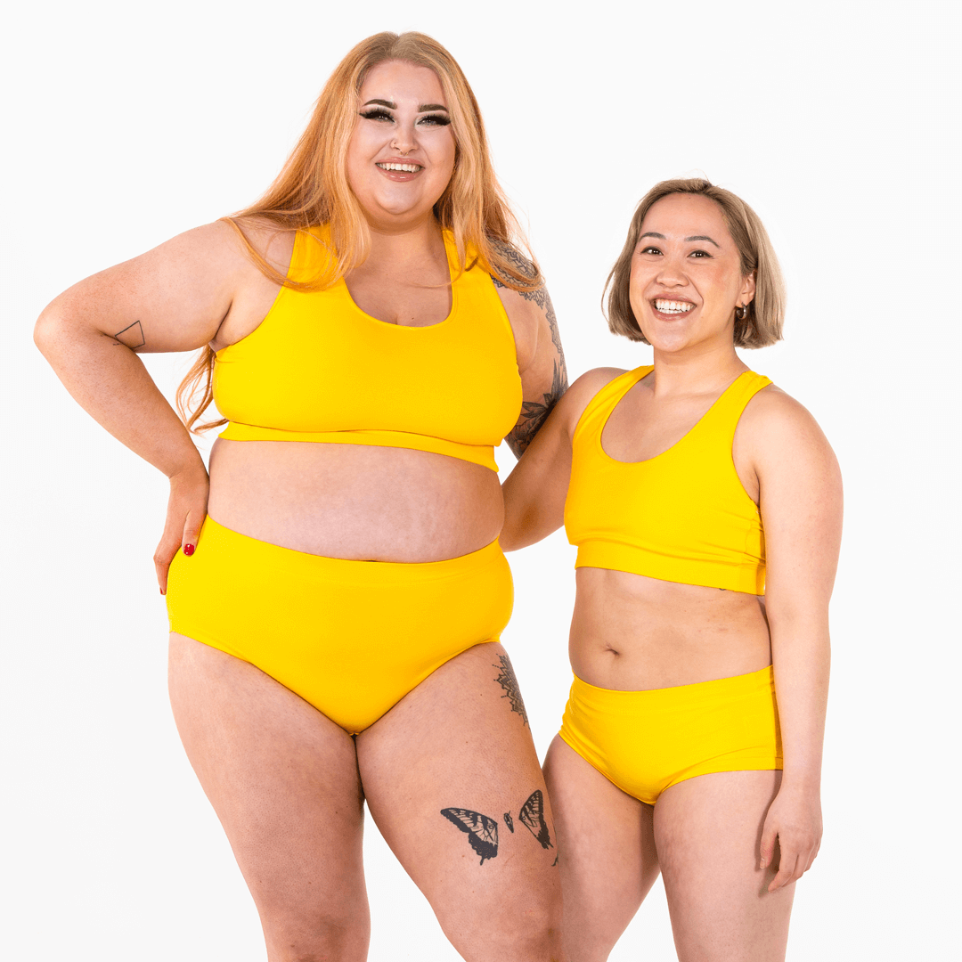 Bex and Jacqueline are wearing Marigold racerback bralettes and briefs