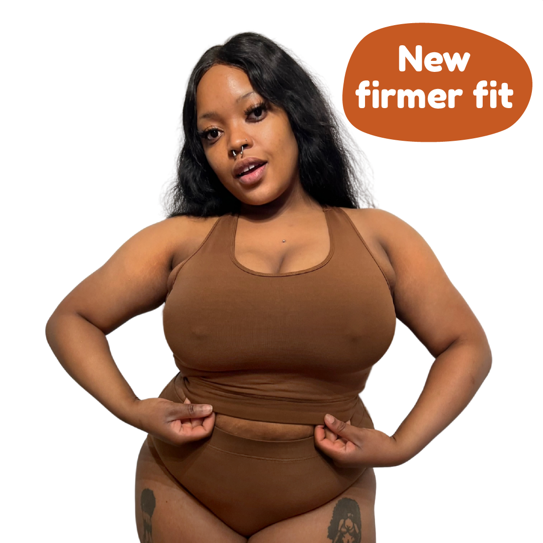 Laura is wearing a nude fuller bust firmer fit bralette and briefs