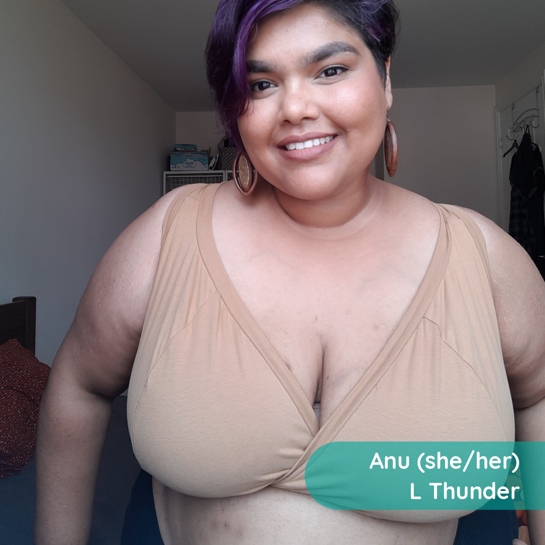 Anu is wearing a brown nude bra