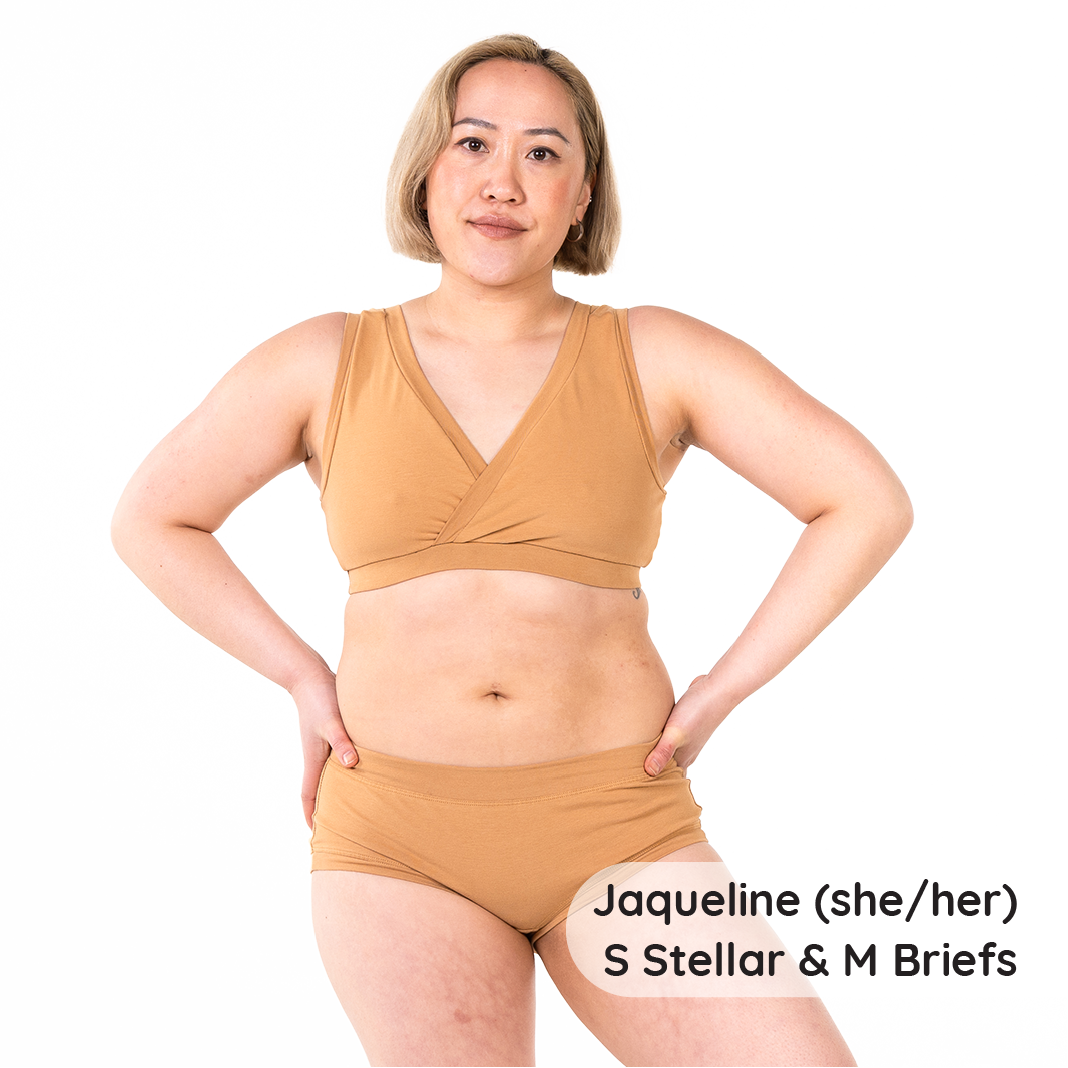 Jacqueline is wearing a nude bra and briefs in cotton