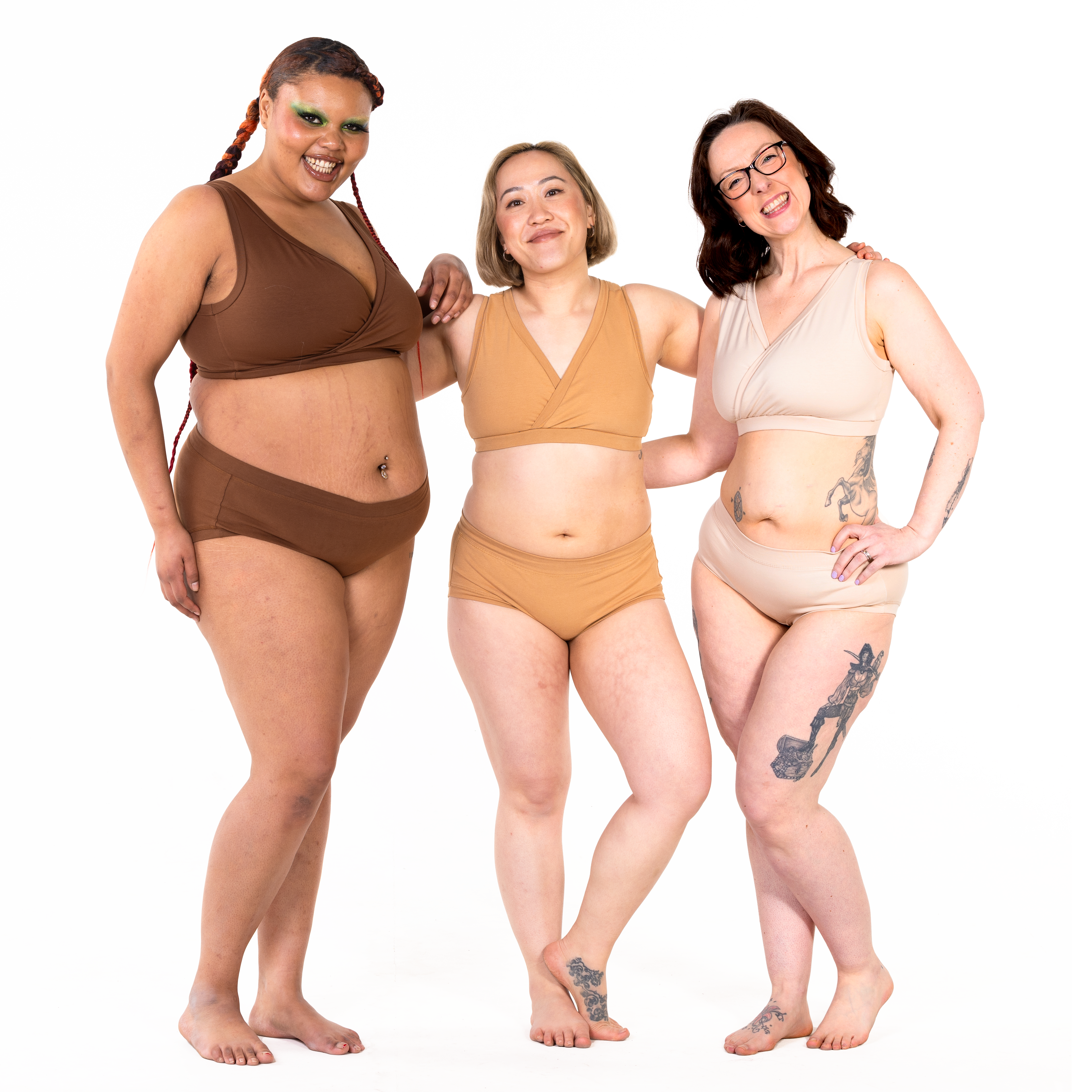 Group of 3 models wearing different shades of Nude underwear sets