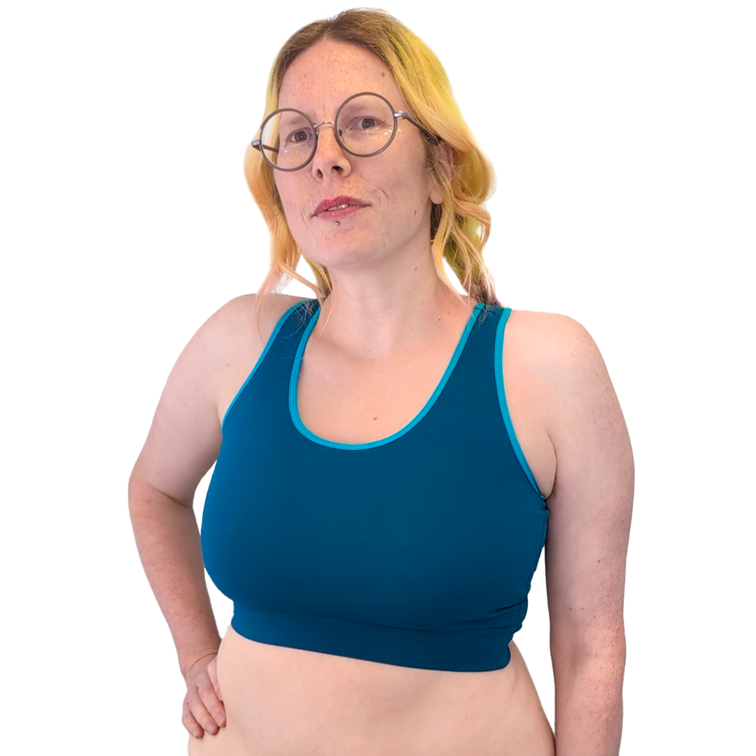 Jen is wearing a Petrol Blue bralette in the Epic style with more chest coverage.