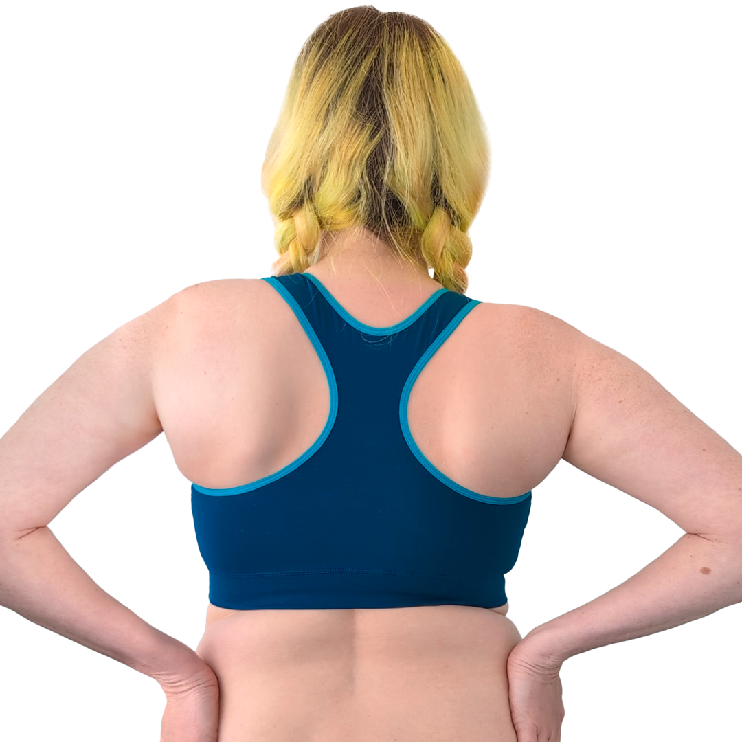 Back view of a Petro Blue Racerback bralette on Jen.