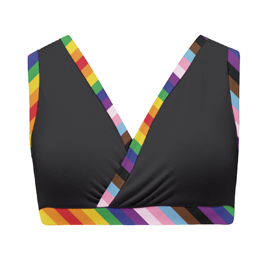Ghost mannequin of a black bra with progress pride trim and band