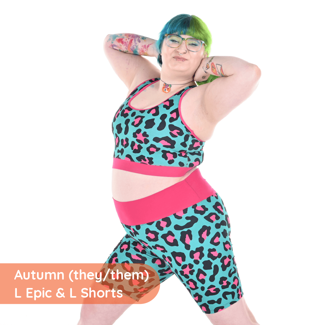 Autumn is wearing a long line bralette in teal and pink leopard print