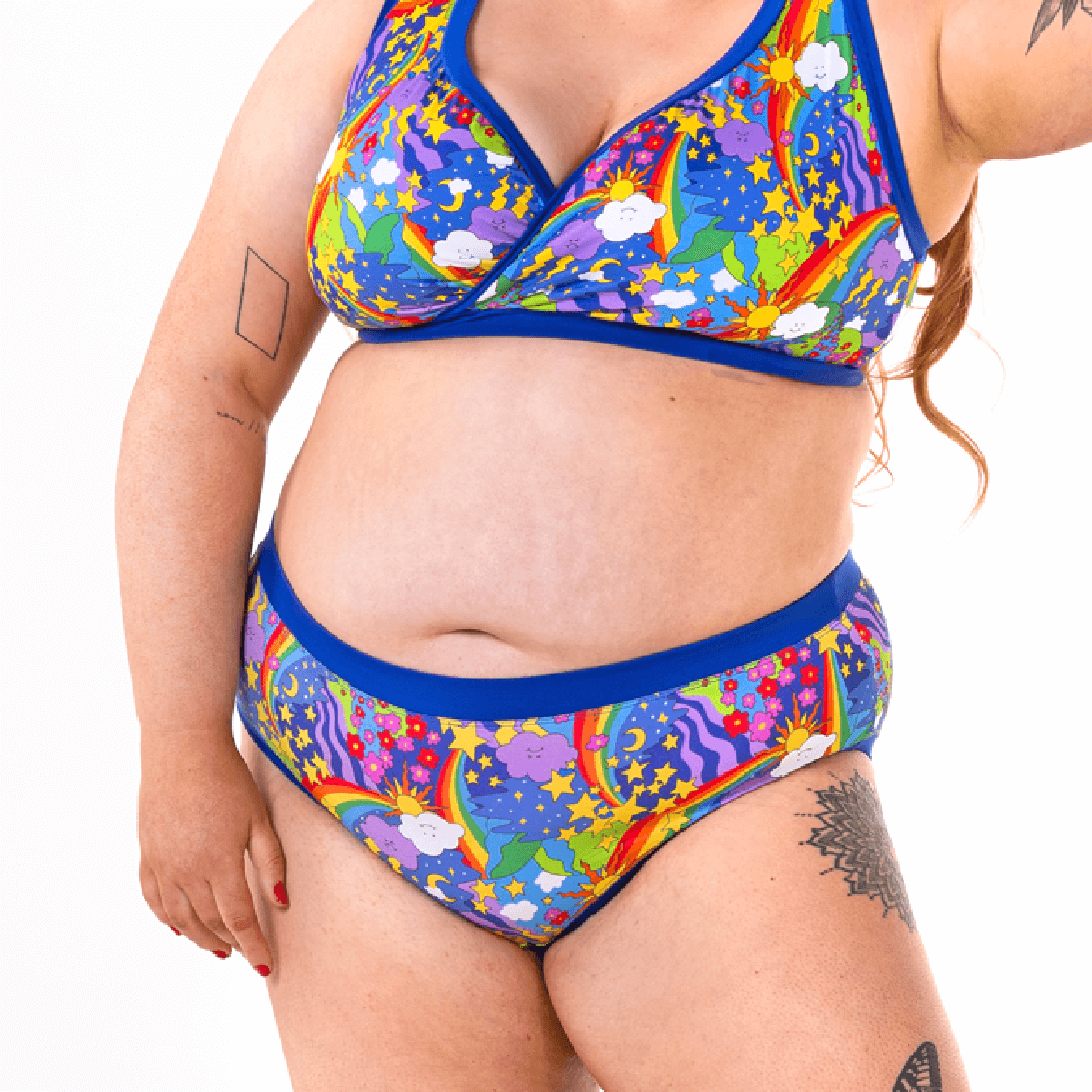 Crop of Bex wearing Retro Rainbows high rise briefs and bra