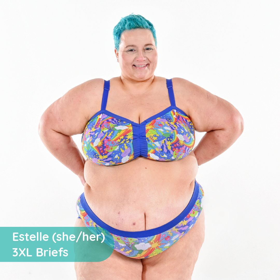 Estelle is wearing Retro Rainbow Flexi and high rise briefs