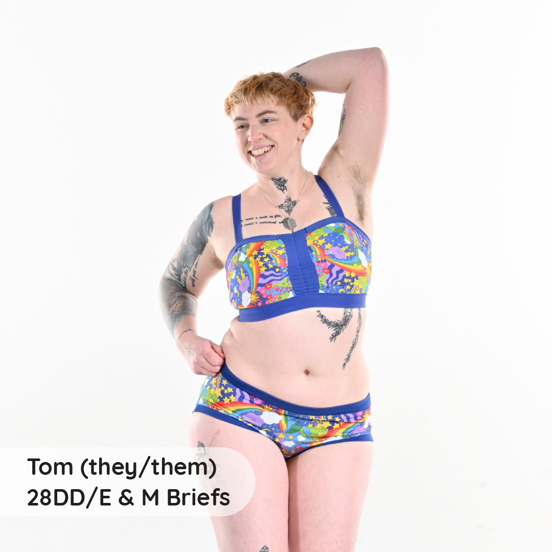 Tom is wearing a retro rainbows underwear set