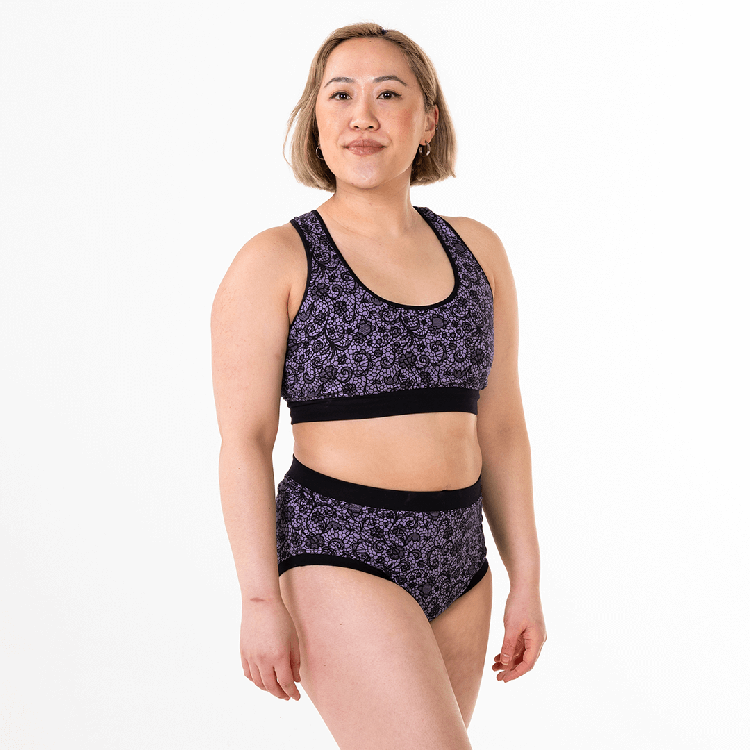 Jacqueline is wearing a bralette and briefs in stormy lace design