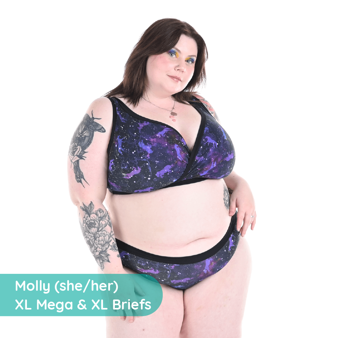 Molly is wearing a Universe underwear set with unicorns in space