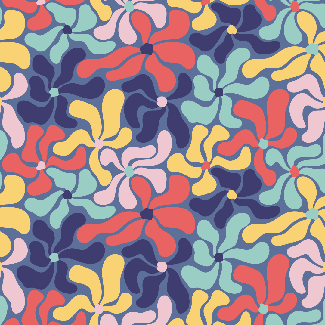 Wavy Flowers in navy, coral, pastel blue, yellow and pink against a blue background.