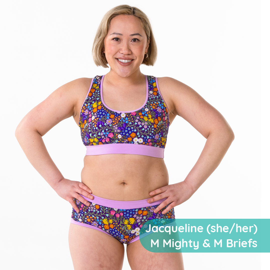 Jacqueline wearing wildflowers bralette and cotton mid rise briefs