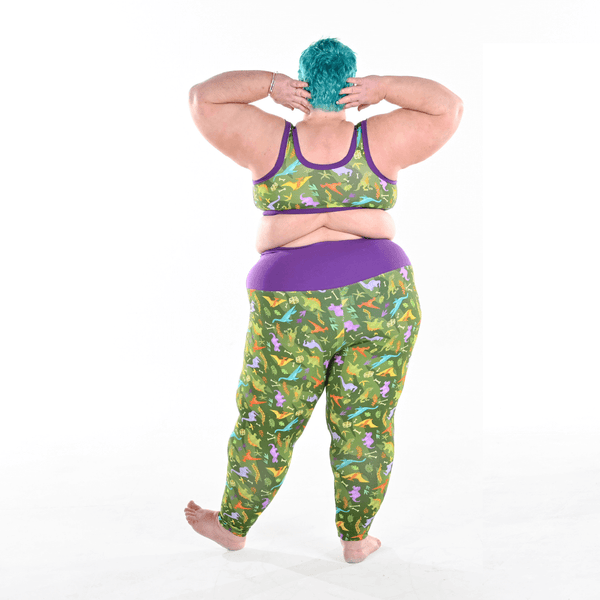 Back view of Estelle wearing dino cotton leggings and bra