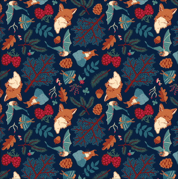 Sylvan has a navy background and is covered in different illustrations of woodland creatures and plants such as squirrels, bats, foxes and berries.