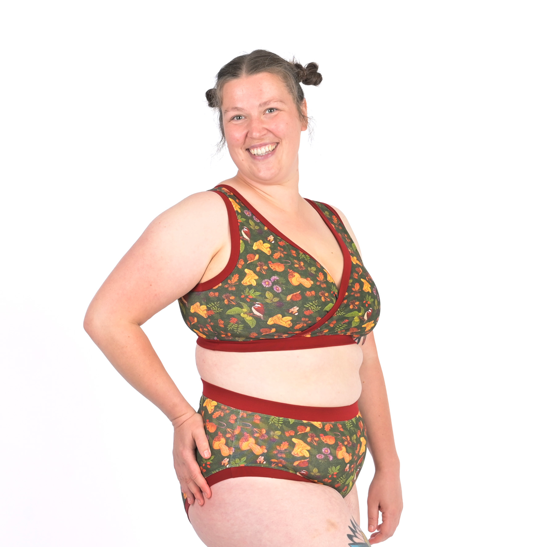 Katy is wearing  a Forager mushroom babes underwear set