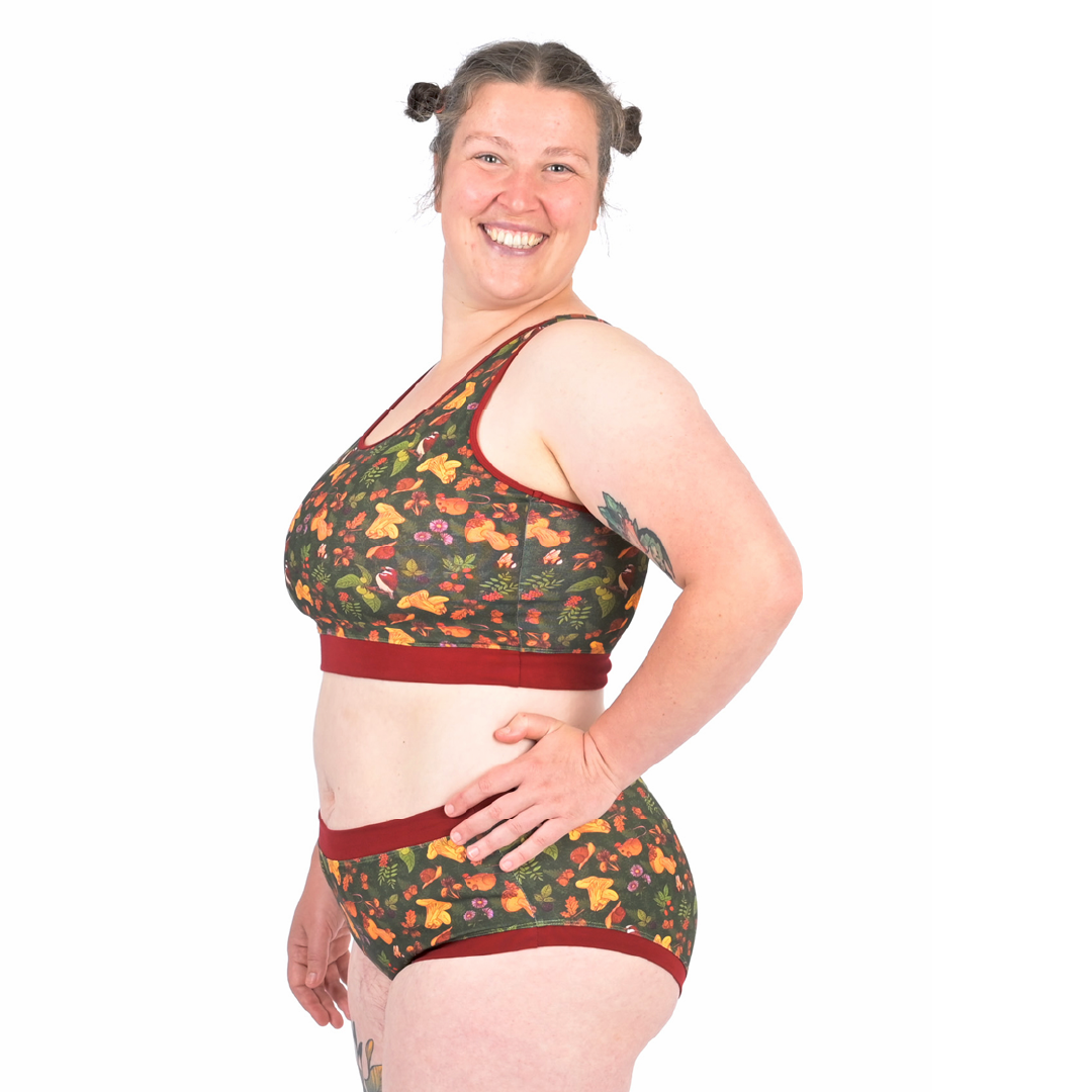 Katy wearing Forager woodland racerback bralette and mid rise cotton briefs