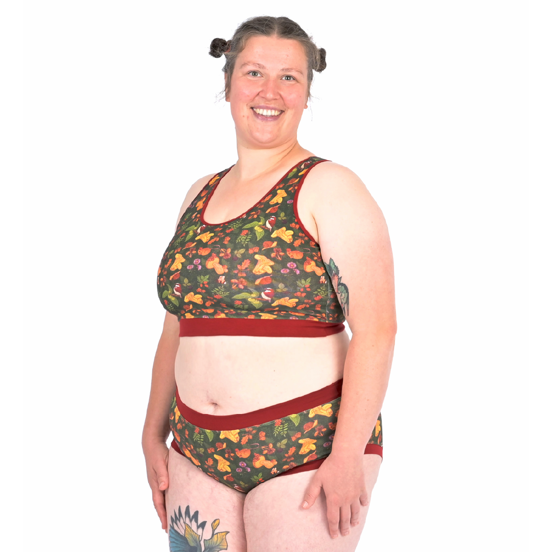 Katy is wearing Forager woodland bralette and mid rise cotton briefs