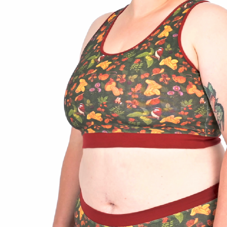 Crop of Katy wearing Forager woodland bralette and mid rise cotton briefs