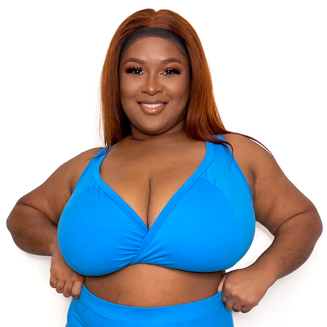 Tanesa is wearing an aqua blue teal nonwired bra